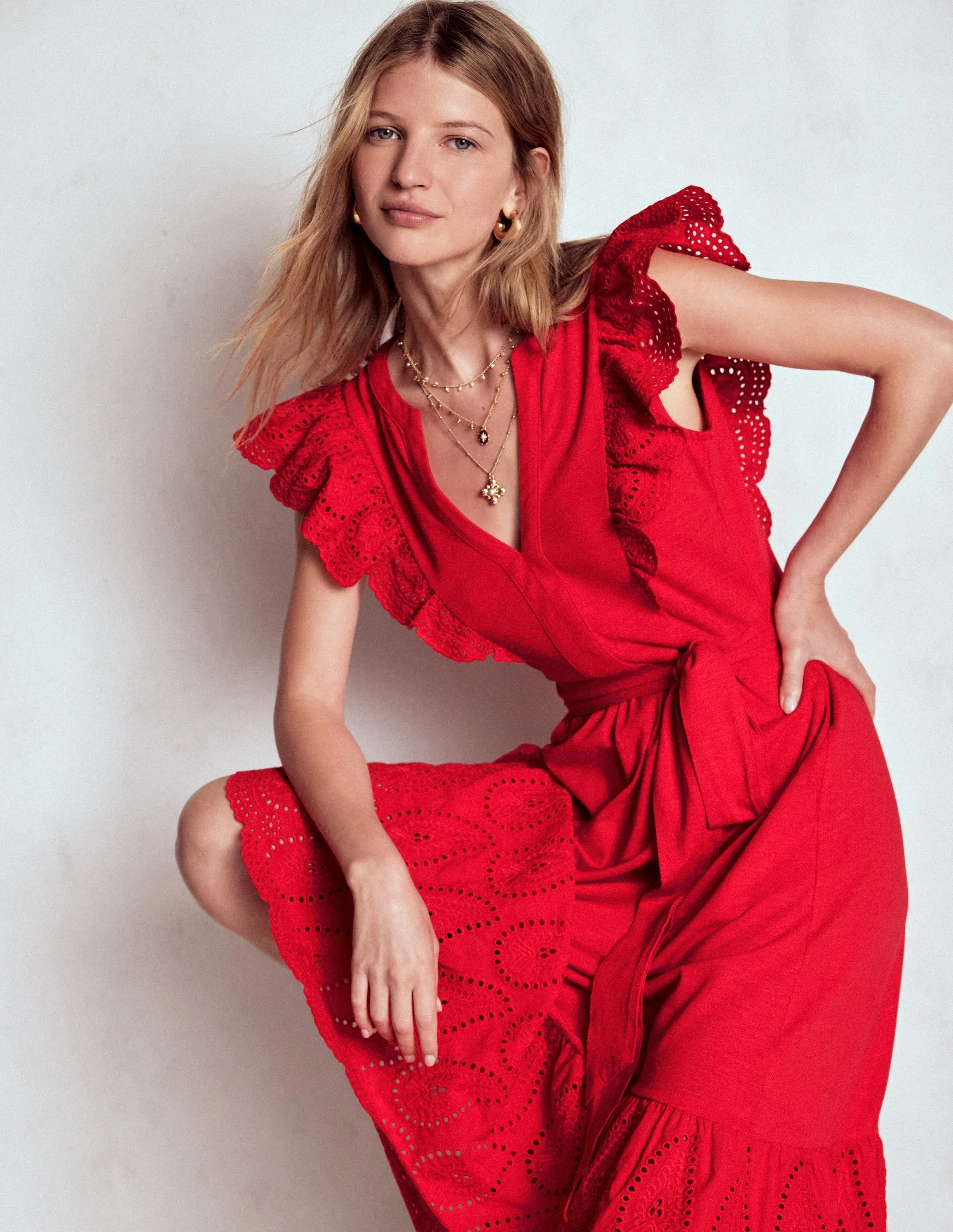 Ruffle Detail Tier Midi Dress-Poppy Red