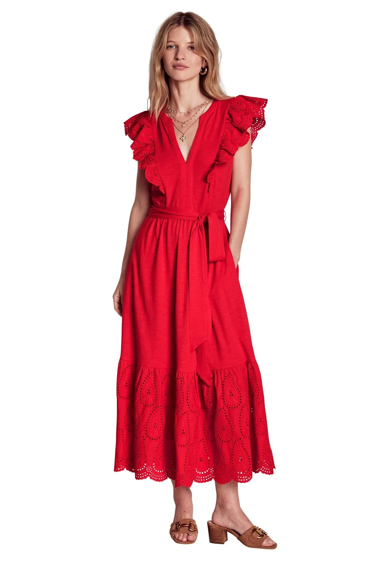 Ruffle Detail Tier Midi Dress-Poppy Red