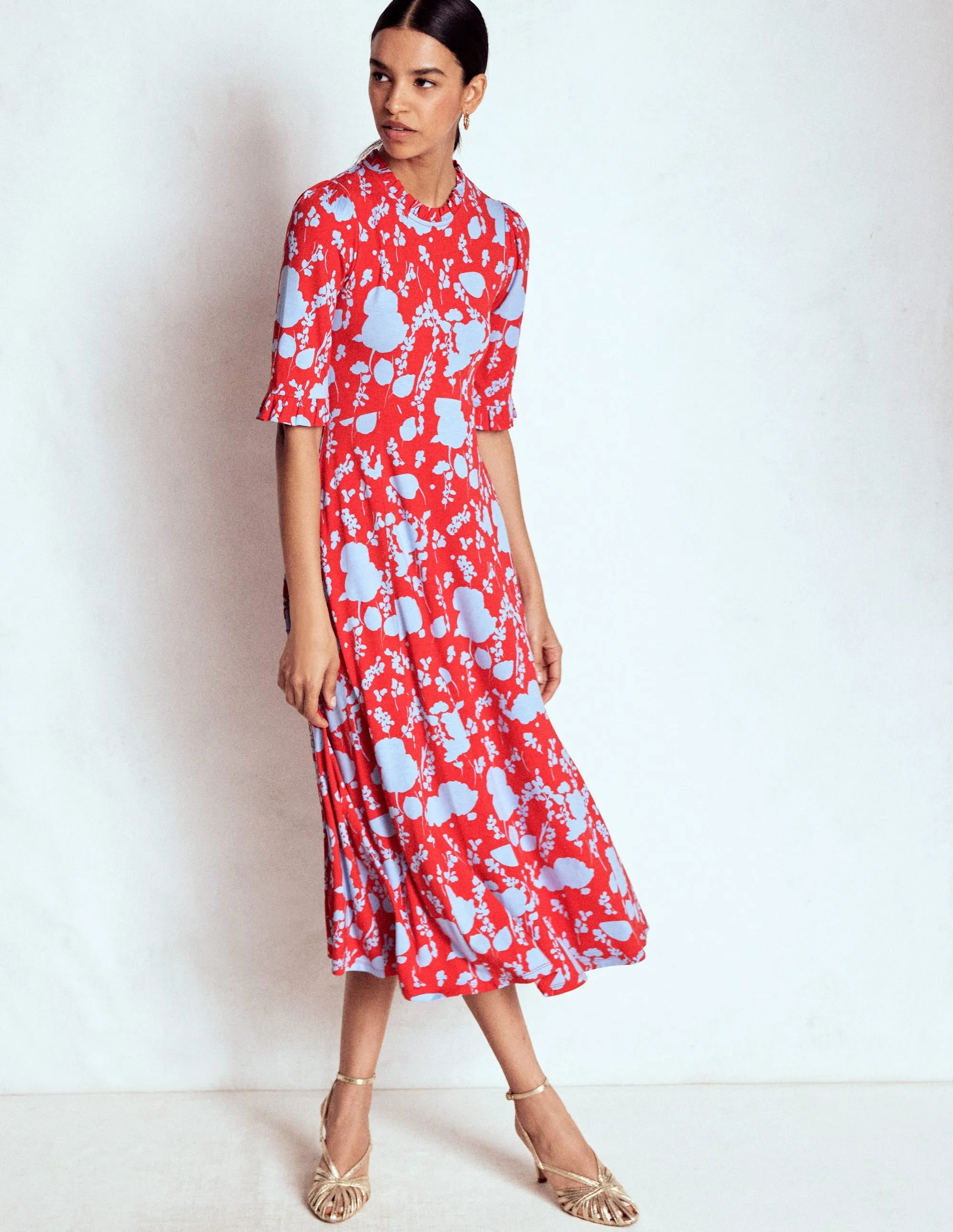 Ruffle Seamed Midi Dress-Poppy Red, Dainty Sprigs