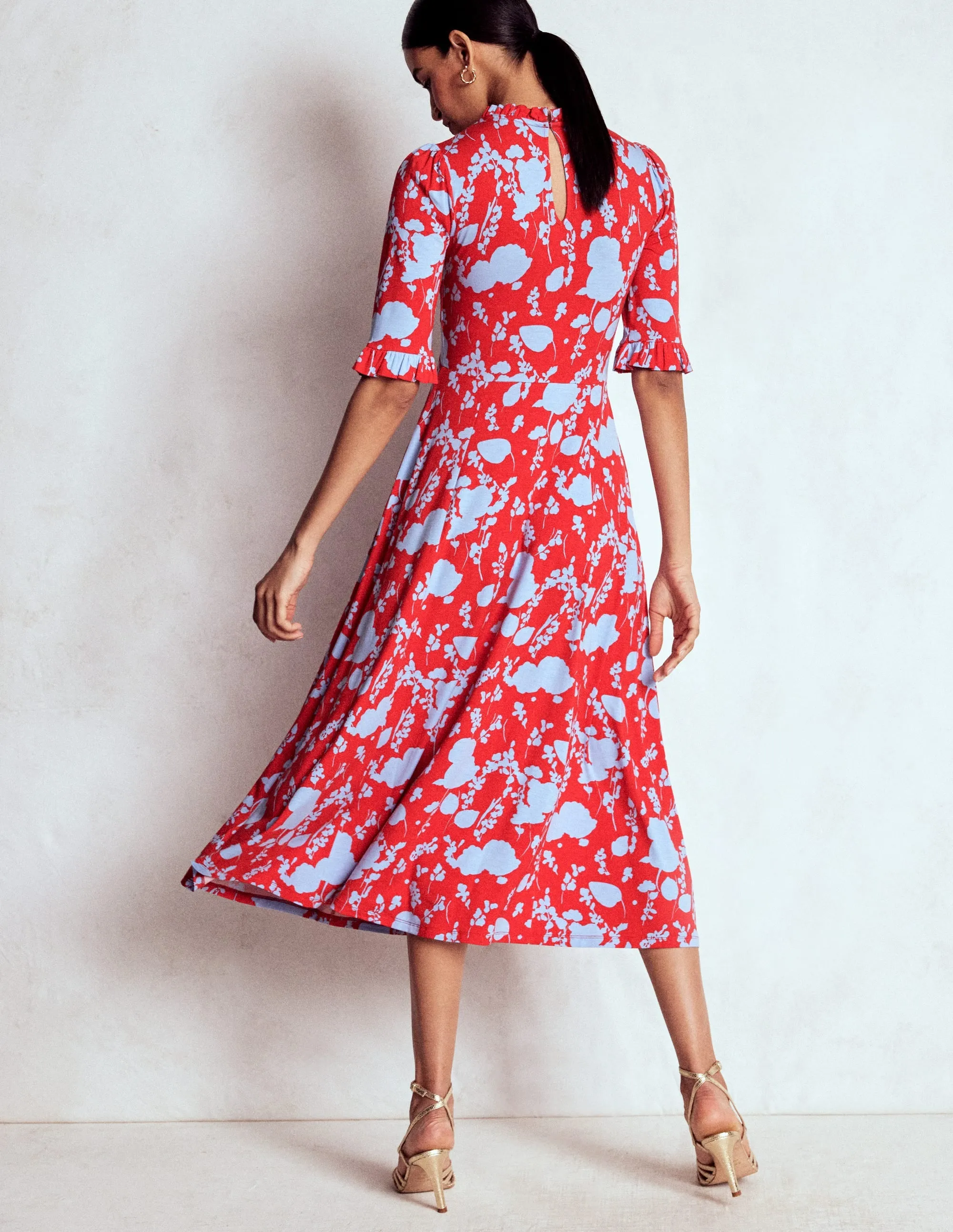Ruffle Seamed Midi Dress-Poppy Red, Dainty Sprigs