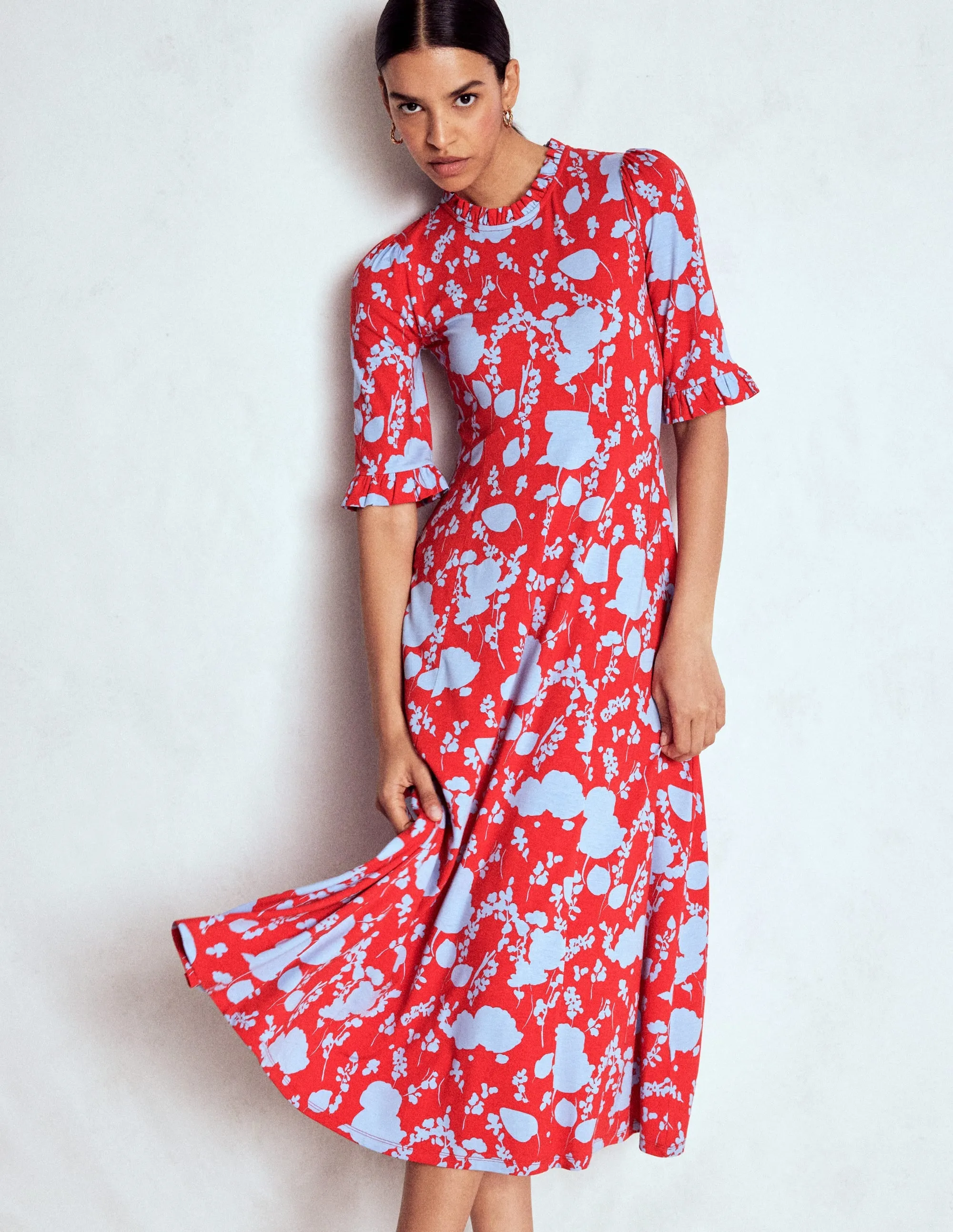 Ruffle Seamed Midi Dress-Poppy Red, Dainty Sprigs