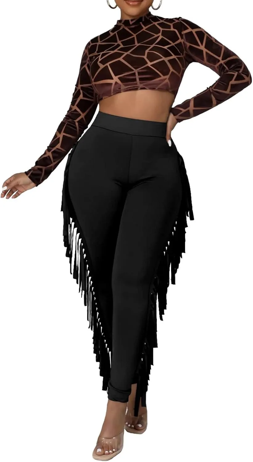 Ruziyoog Women's Casual High Waist Fringed Pants Bodycon Stretch Slim Tassels Side Jogger Sweatpants Leggings Workout Pants