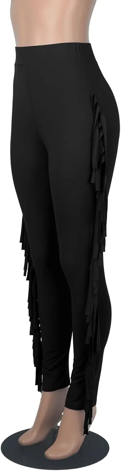 Ruziyoog Women's Casual High Waist Fringed Pants Bodycon Stretch Slim Tassels Side Jogger Sweatpants Leggings Workout Pants
