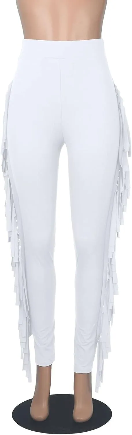 Ruziyoog Women's Casual High Waist Fringed Pants Bodycon Stretch Slim Tassels Side Jogger Sweatpants Leggings Workout Pants