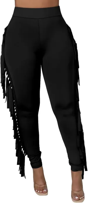 Ruziyoog Women's Casual High Waist Fringed Pants Bodycon Stretch Slim Tassels Side Jogger Sweatpants Leggings Workout Pants