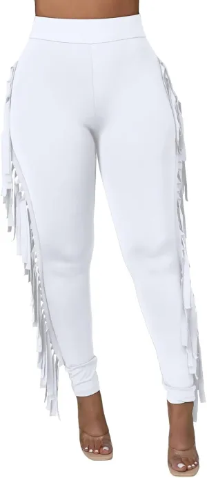 Ruziyoog Women's Casual High Waist Fringed Pants Bodycon Stretch Slim Tassels Side Jogger Sweatpants Leggings Workout Pants