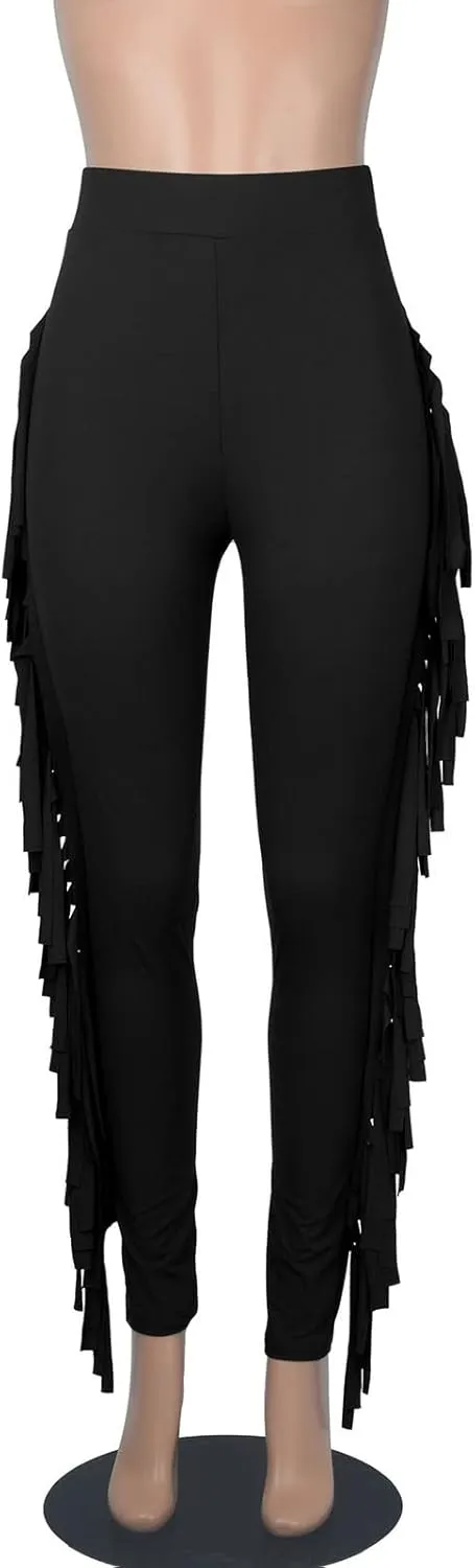 Ruziyoog Women's Casual High Waist Fringed Pants Bodycon Stretch Slim Tassels Side Jogger Sweatpants Leggings Workout Pants