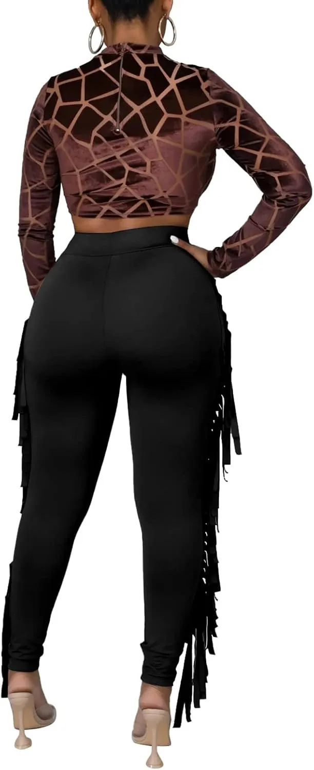 Ruziyoog Women's Casual High Waist Fringed Pants Bodycon Stretch Slim Tassels Side Jogger Sweatpants Leggings Workout Pants