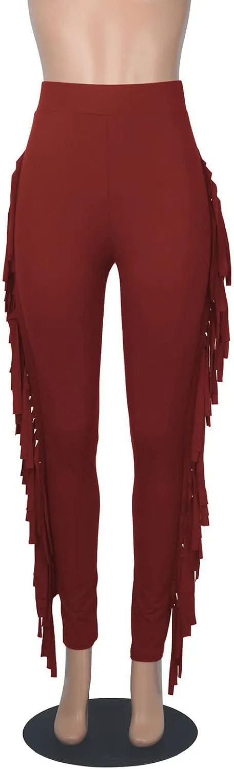 Ruziyoog Women's Casual High Waist Fringed Pants Bodycon Stretch Slim Tassels Side Jogger Sweatpants Leggings Workout Pants