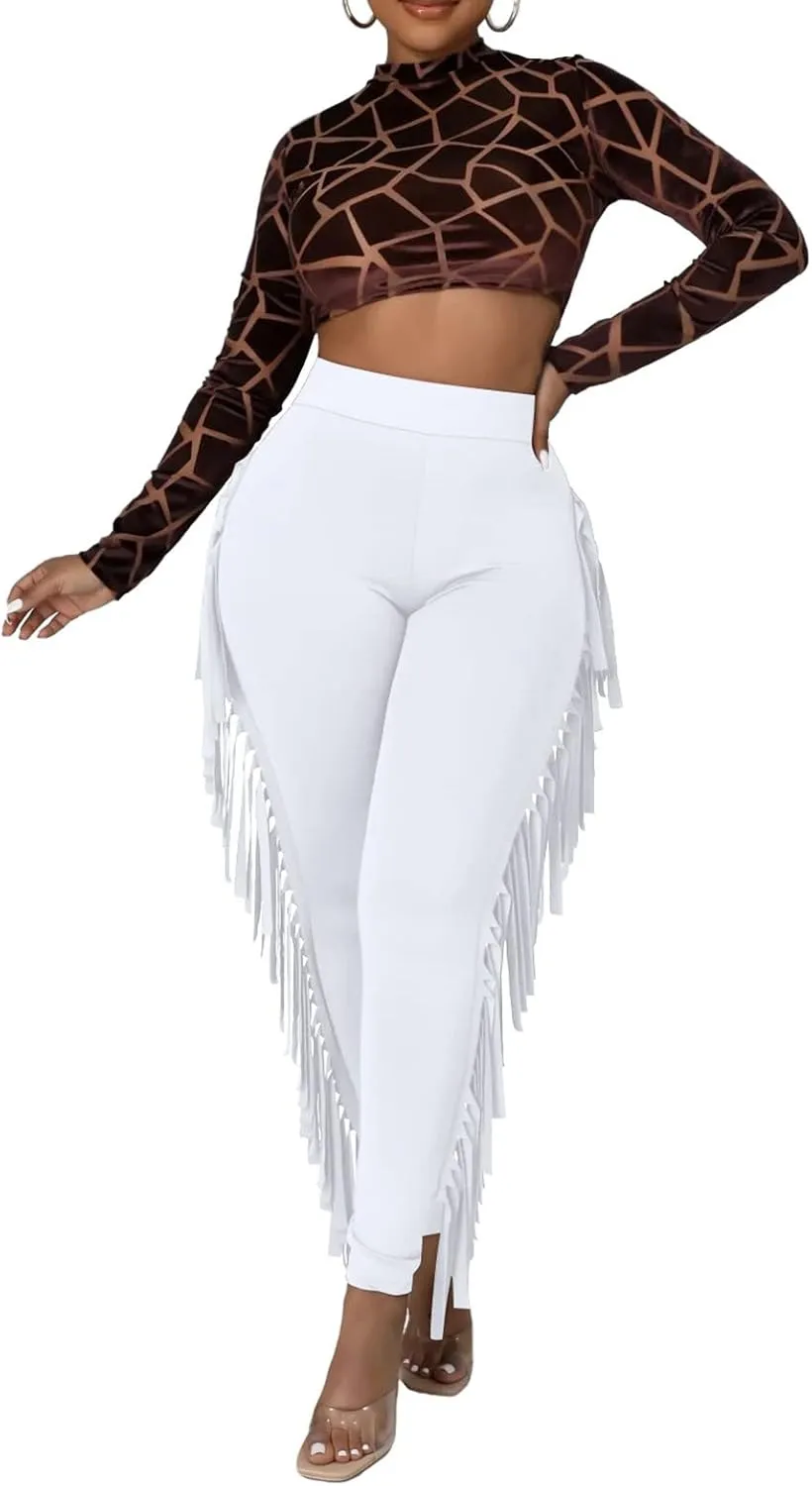 Ruziyoog Women's Casual High Waist Fringed Pants Bodycon Stretch Slim Tassels Side Jogger Sweatpants Leggings Workout Pants