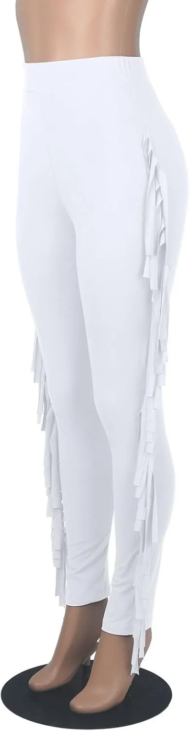 Ruziyoog Women's Casual High Waist Fringed Pants Bodycon Stretch Slim Tassels Side Jogger Sweatpants Leggings Workout Pants