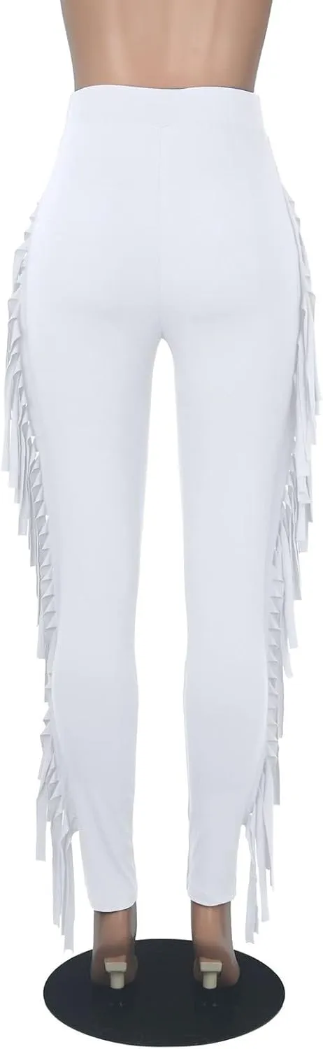 Ruziyoog Women's Casual High Waist Fringed Pants Bodycon Stretch Slim Tassels Side Jogger Sweatpants Leggings Workout Pants