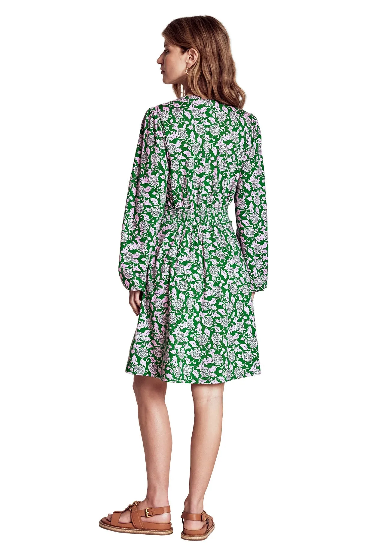 Sarah Short Jersey Dress-Rich Emerald, Ornate Vine