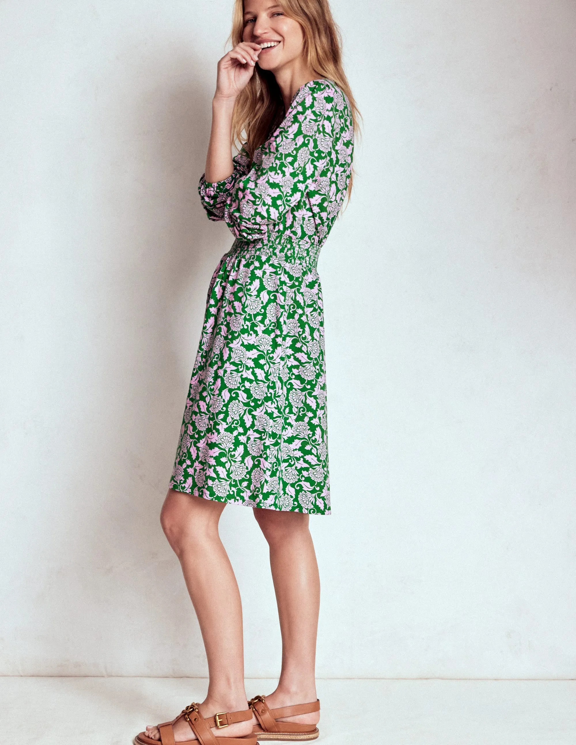 Sarah Short Jersey Dress-Rich Emerald, Ornate Vine