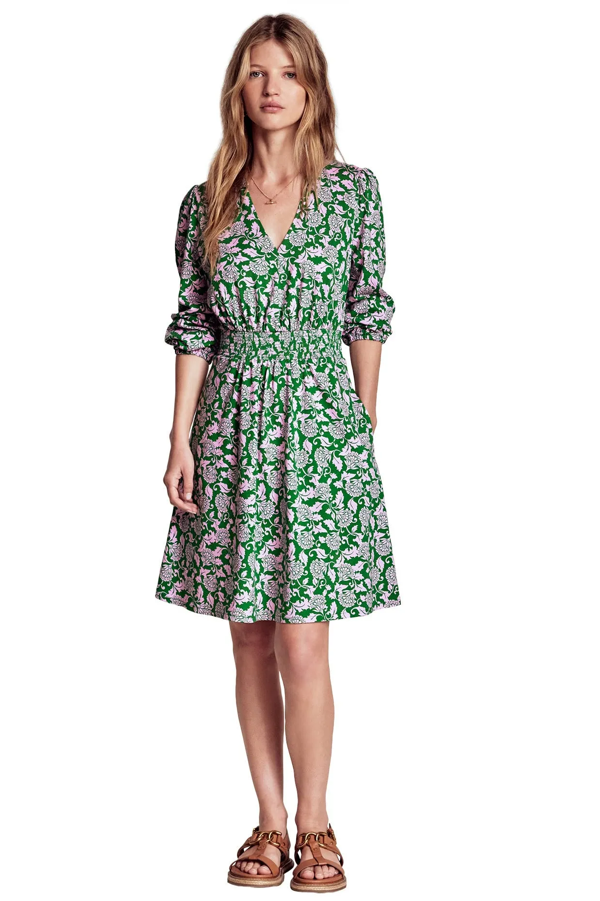 Sarah Short Jersey Dress-Rich Emerald, Ornate Vine