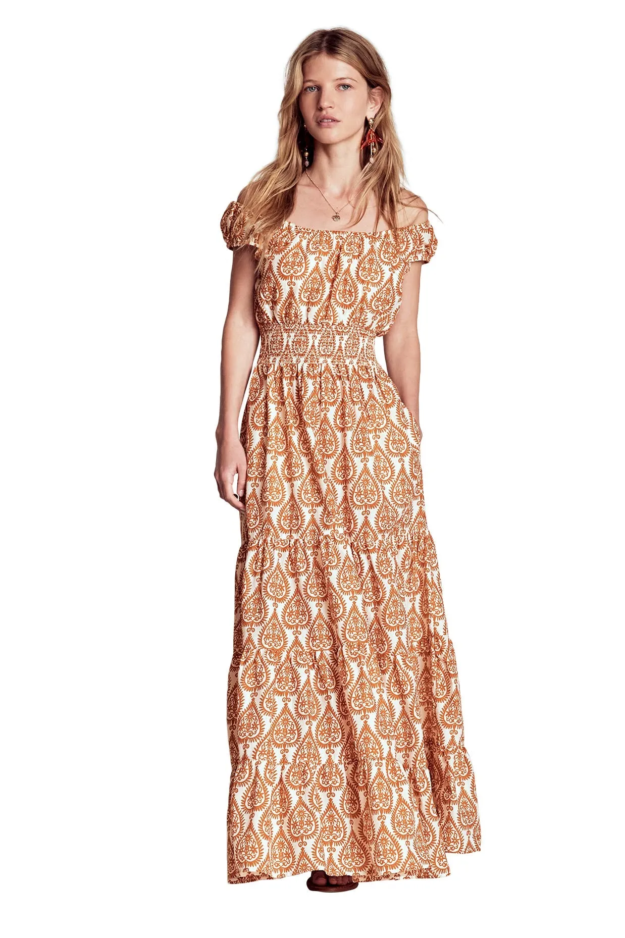 Scoop Cotton Tiered Dress-Cognac, Ornate Geo