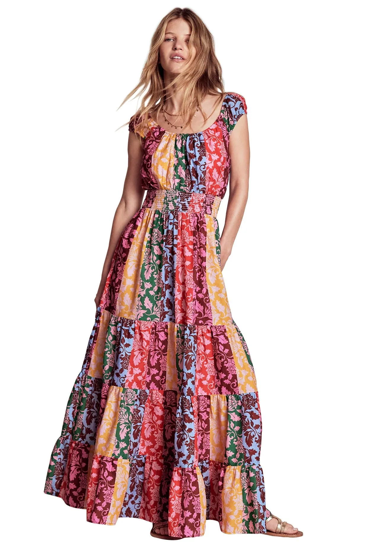 Scoop Cotton Tiered Dress-Multi, Ornate Vine