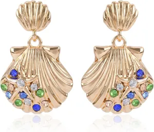 Seashell Dangle for Women, Bohemian Blue Rhinestone Sea Shell Dangle Statement Earrings Scallop Alloy Earrings Pure Handmade Hawaiian Summer Beach Vacation Ocean Jewelry Gifts