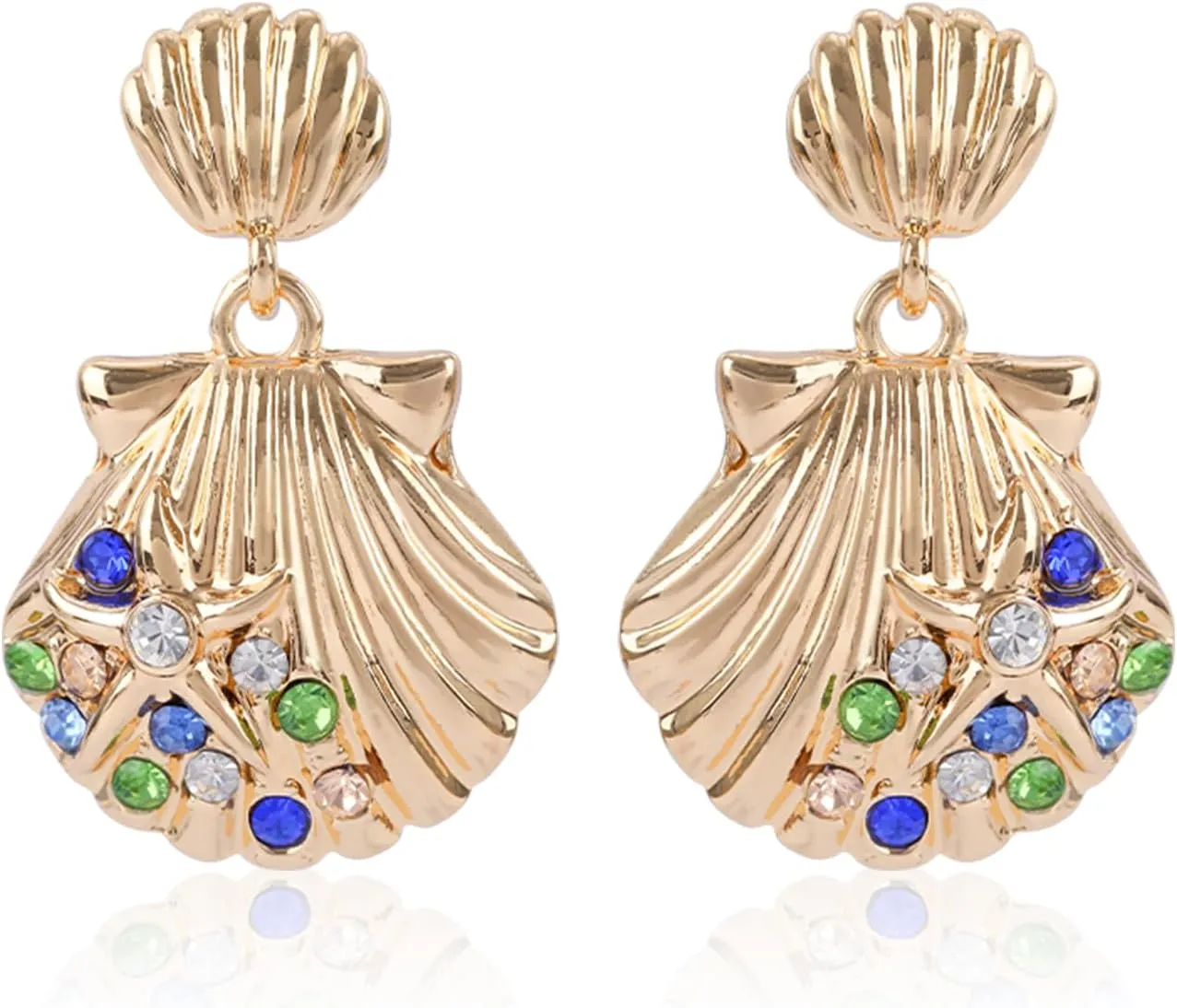 Seashell Dangle for Women, Bohemian Blue Rhinestone Sea Shell Dangle Statement Earrings Scallop Alloy Earrings Pure Handmade Hawaiian Summer Beach Vacation Ocean Jewelry Gifts