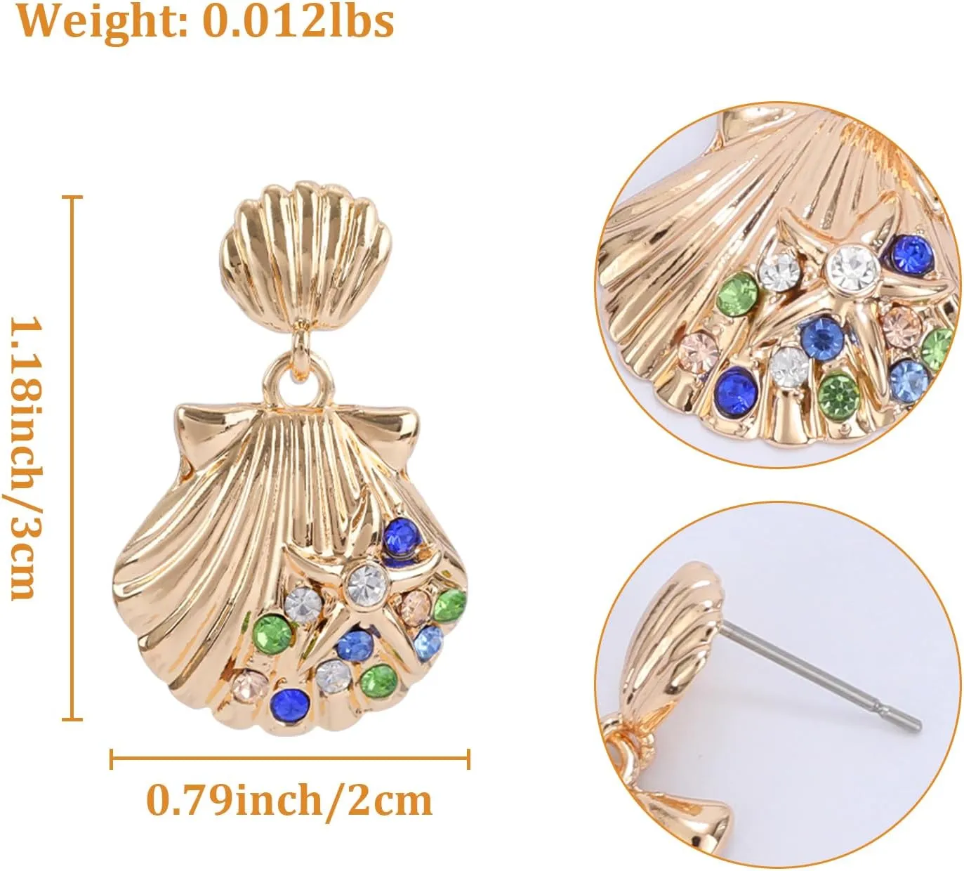 Seashell Dangle for Women, Bohemian Blue Rhinestone Sea Shell Dangle Statement Earrings Scallop Alloy Earrings Pure Handmade Hawaiian Summer Beach Vacation Ocean Jewelry Gifts