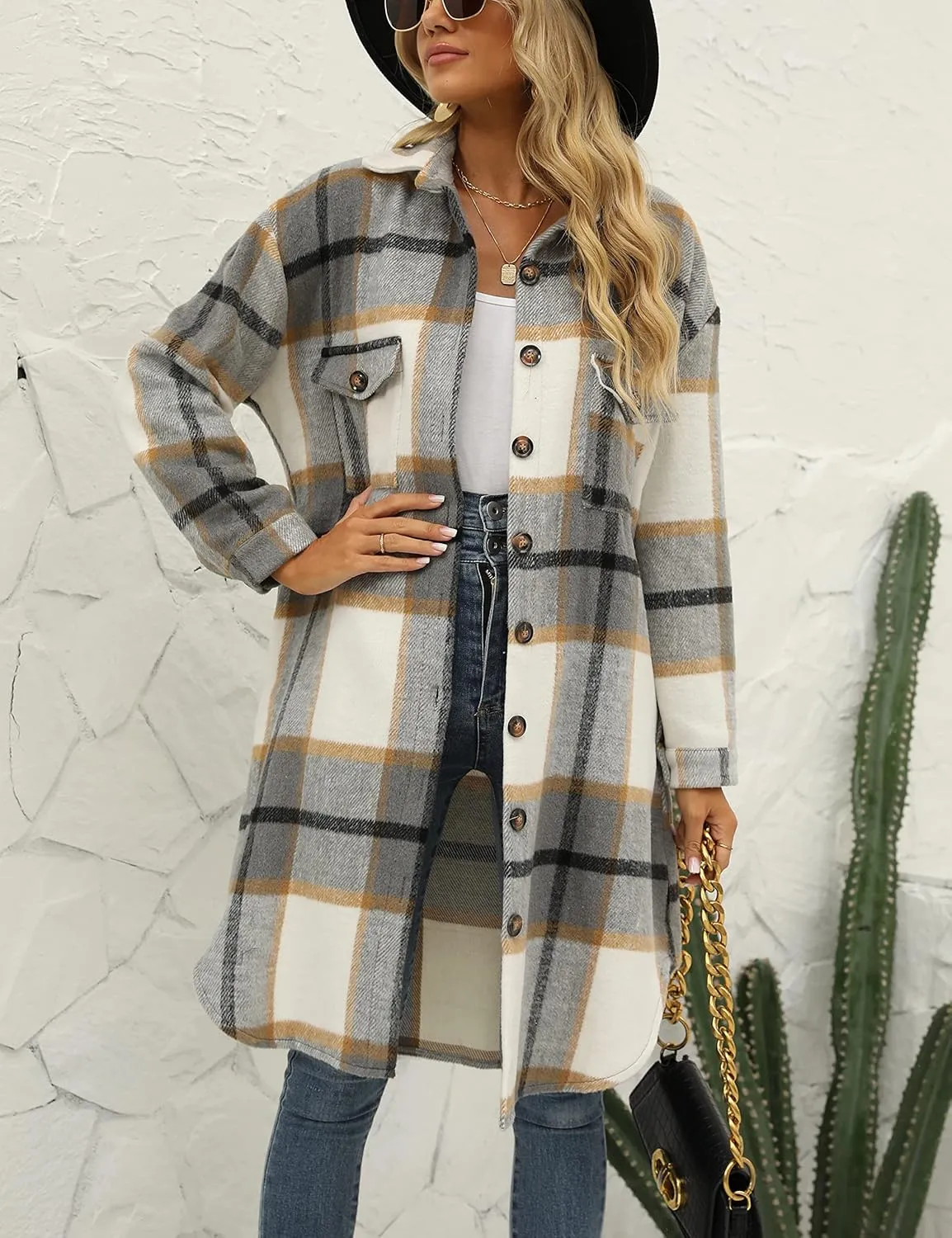 SeekMe Women's Long Plaid Shirt Jacket Shacket Lapel Button Down Woolen Blend Casual Tartan Over Shirt Trench Coat