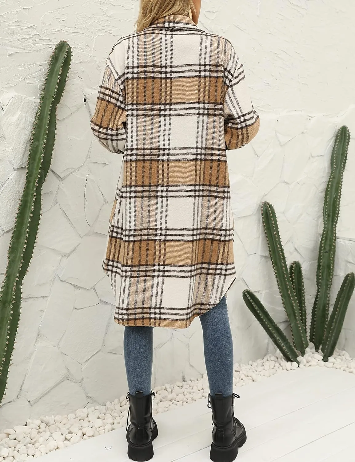SeekMe Women's Long Plaid Shirt Jacket Shacket Lapel Button Down Woolen Blend Casual Tartan Over Shirt Trench Coat