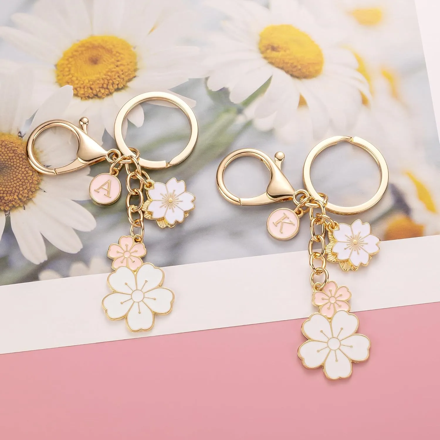 SELOVO Initial Keychain Flower Charms for Key Cute Pink Letter Keyring for Backpack