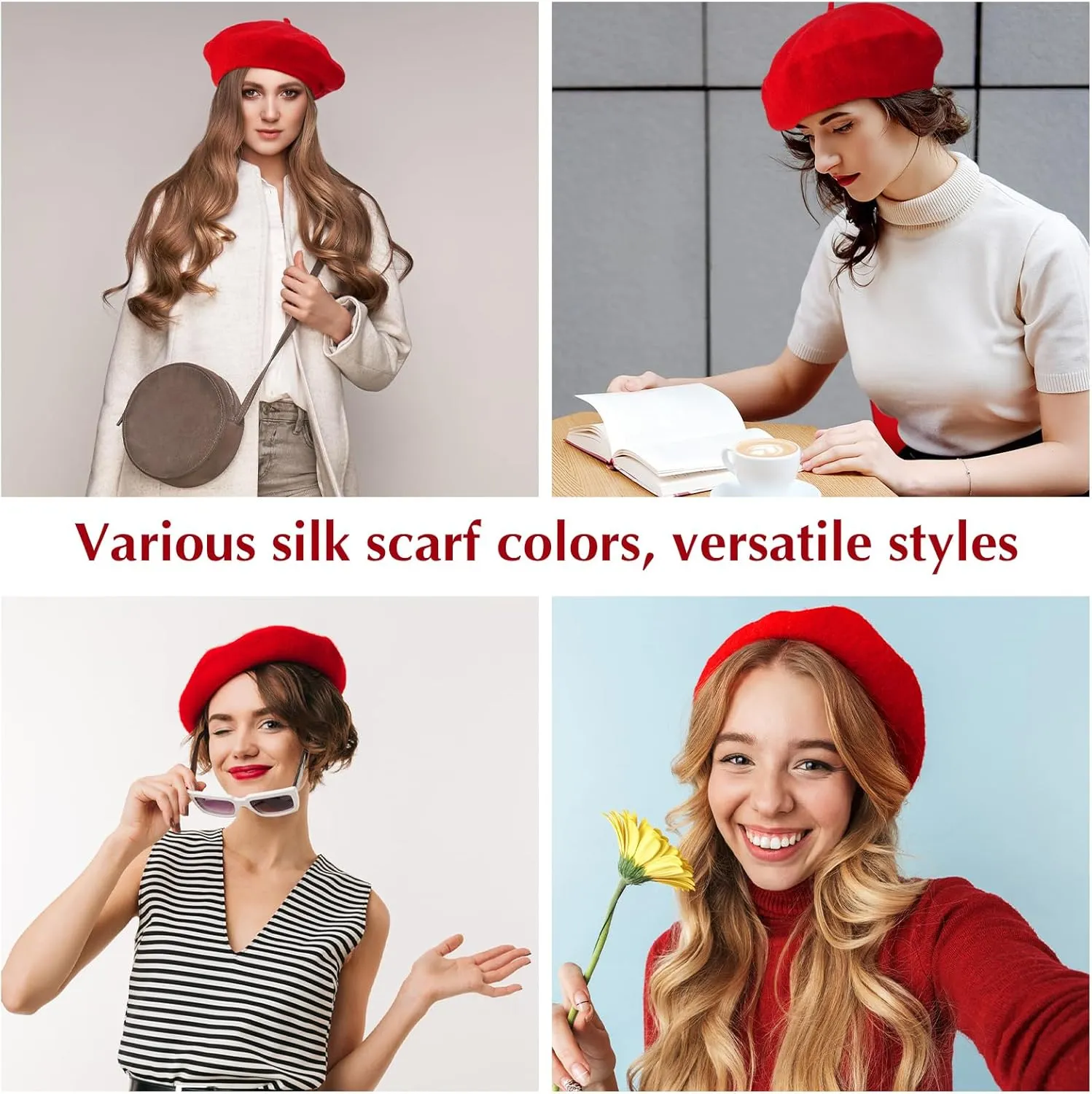 Shinymoon 24 Pcs Wool Beret Hat Bulk Artist Beanie Beret Warm French Hat with Silky Neck Scarf for Women Girl Lady