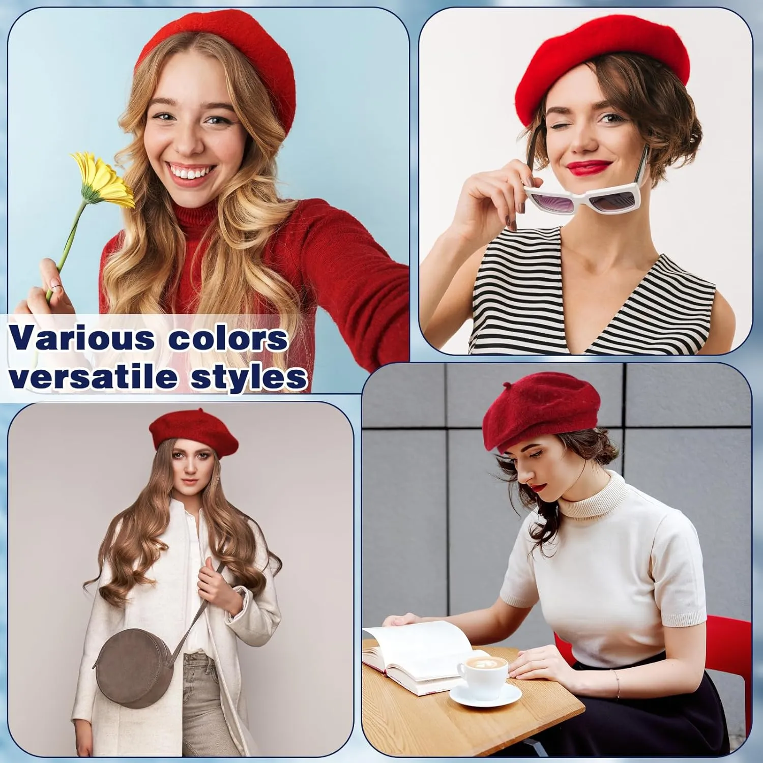 Shinymoon 24 Pcs Wool Beret Hat Bulk Artist Beanie Beret Warm French Hat with Silky Neck Scarf for Women Girl Lady