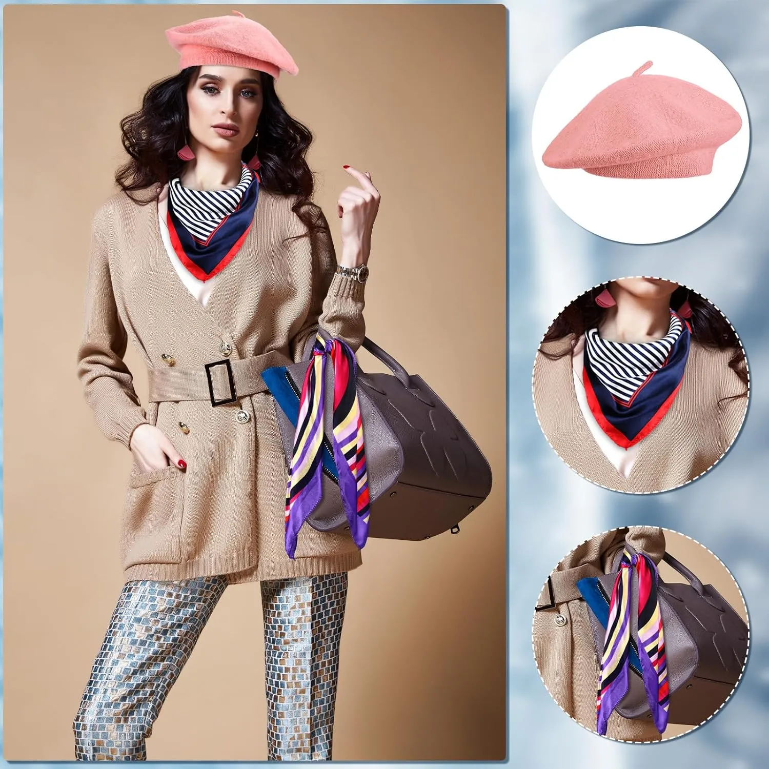 Shinymoon 24 Pcs Wool Beret Hat Bulk Artist Beanie Beret Warm French Hat with Silky Neck Scarf for Women Girl Lady