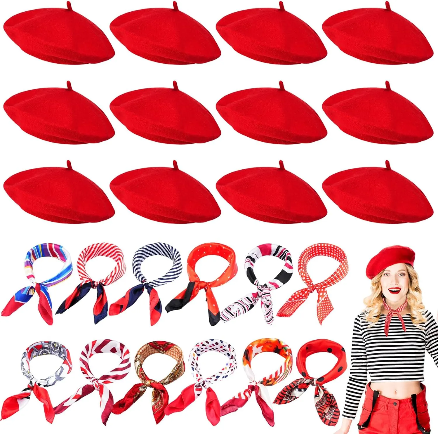 Shinymoon 24 Pcs Wool Beret Hat Bulk Artist Beanie Beret Warm French Hat with Silky Neck Scarf for Women Girl Lady