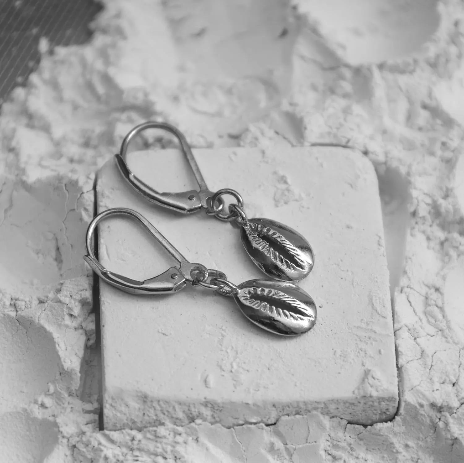 Silver Cowrie Charm Leverback Earrings, Dangle and Drop, 10 mm Shell Earring, 925 Silver, Gift for Her (Drop Length- 1.5 Inch)