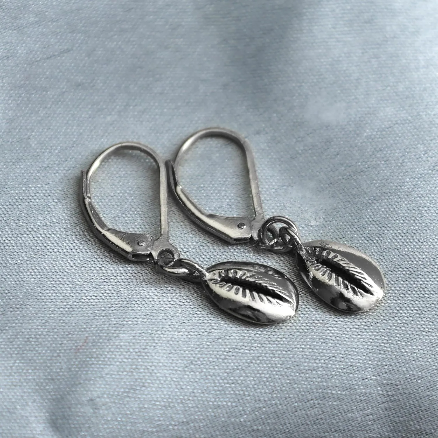 Silver Cowrie Charm Leverback Earrings, Dangle and Drop, 10 mm Shell Earring, 925 Silver, Gift for Her (Drop Length- 1.5 Inch)