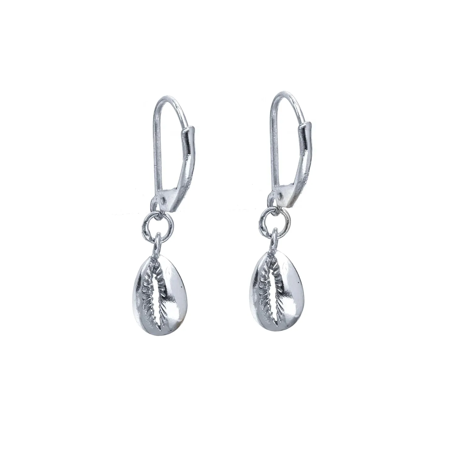 Silver Cowrie Charm Leverback Earrings, Dangle and Drop, 10 mm Shell Earring, 925 Silver, Gift for Her (Drop Length- 1.5 Inch)