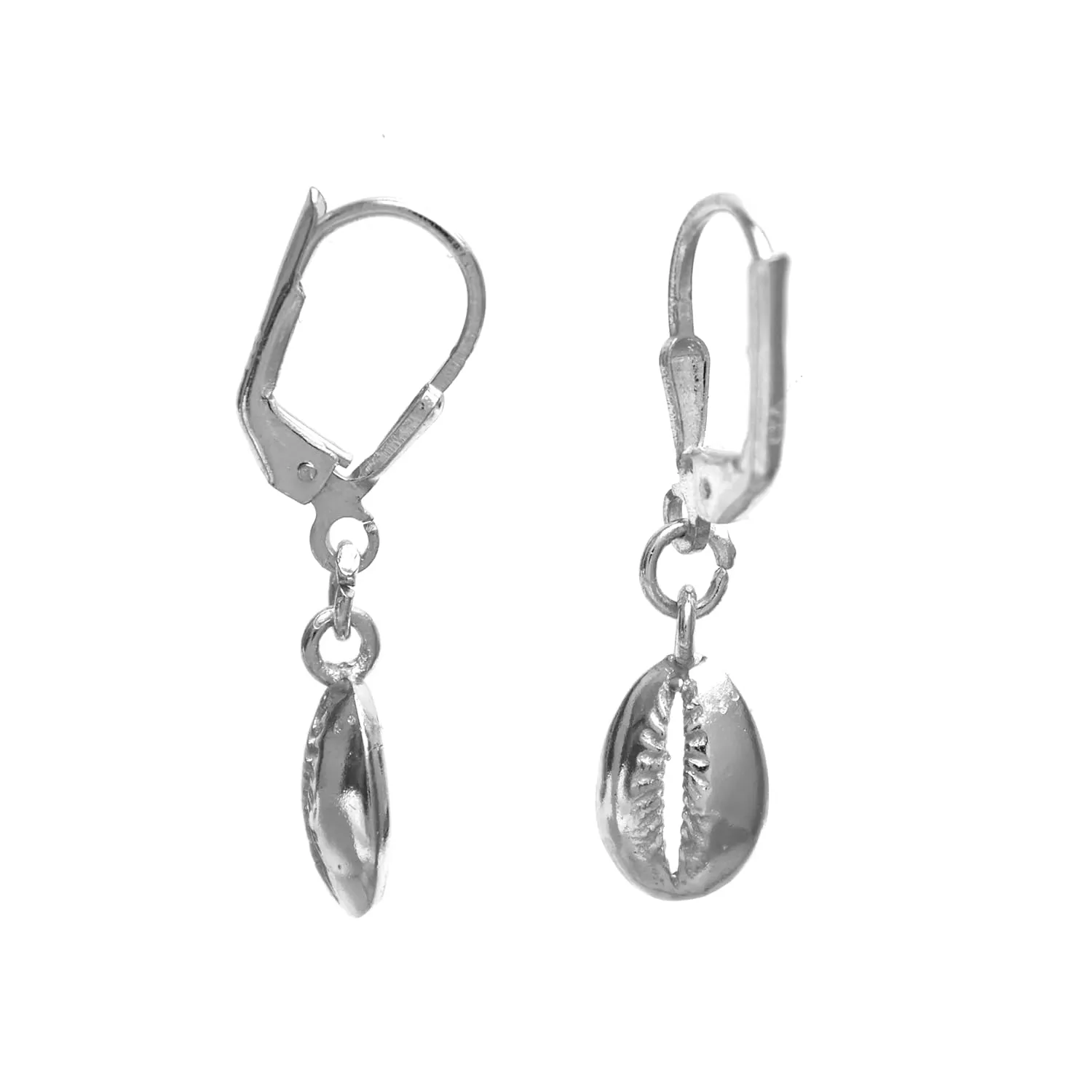 Silver Cowrie Charm Leverback Earrings, Dangle and Drop, 10 mm Shell Earring, 925 Silver, Gift for Her (Drop Length- 1.5 Inch)