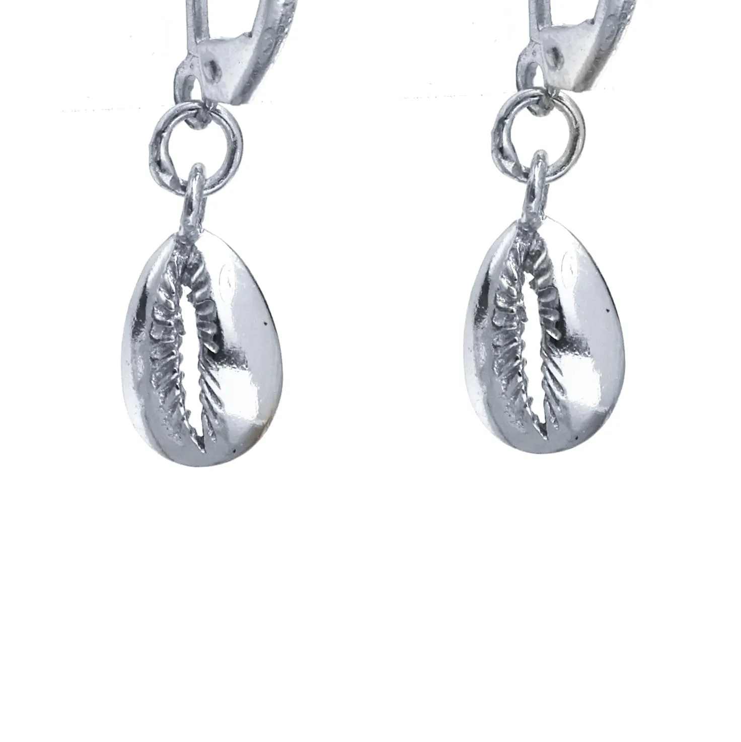 Silver Cowrie Charm Leverback Earrings, Dangle and Drop, 10 mm Shell Earring, 925 Silver, Gift for Her (Drop Length- 1.5 Inch)