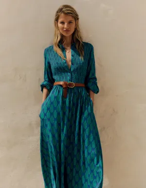 Smocked Jersey Shirt Dress-Blue, Wildflower Bouquet