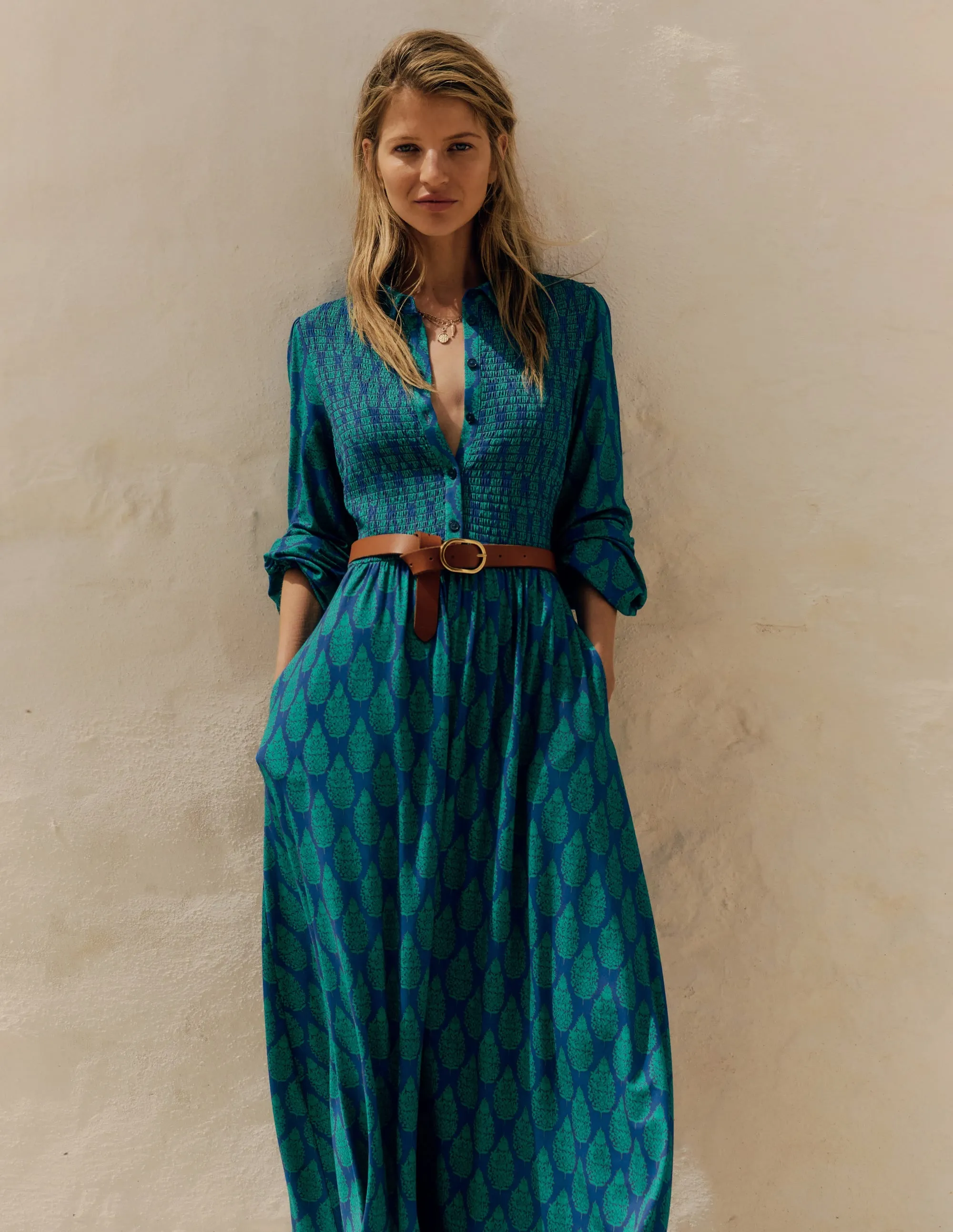 Smocked Jersey Shirt Dress-Blue, Wildflower Bouquet