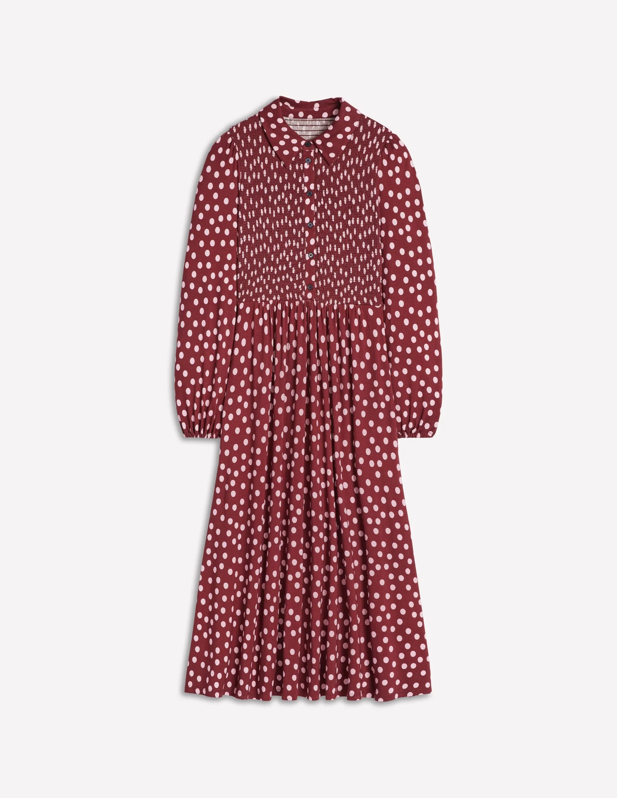 Smocked Jersey Shirt Dress-Chestnut, Painted Dot