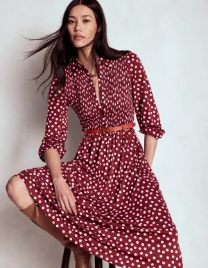 Smocked Jersey Shirt Dress-Chestnut, Painted Dot