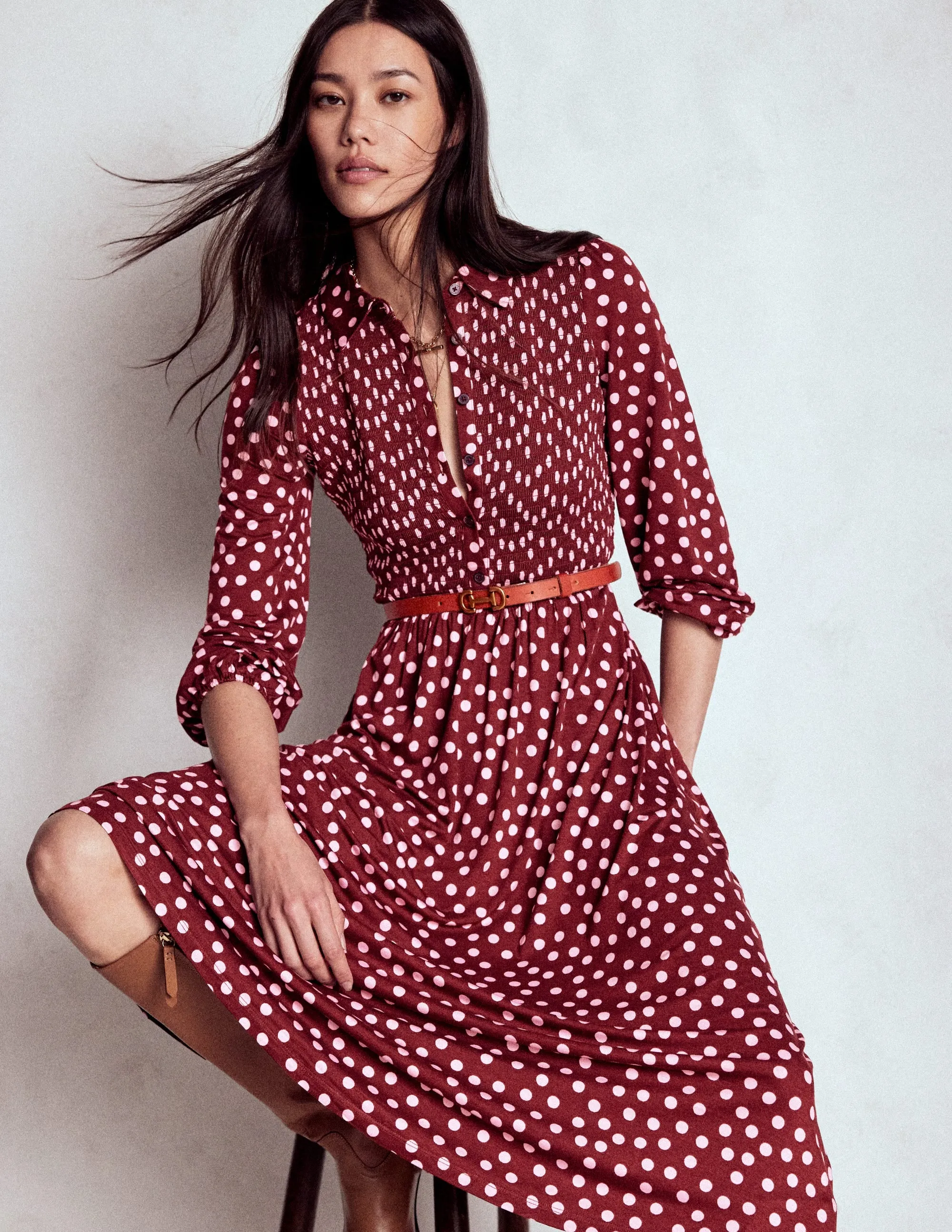 Smocked Jersey Shirt Dress-Chestnut, Painted Dot