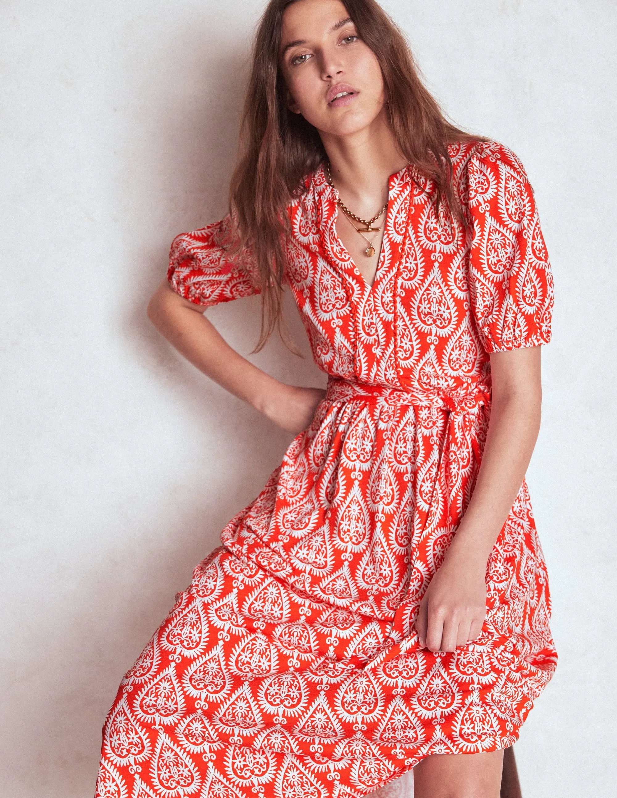 Sofia Trim Jersey Midi Dress-Firecracker Red, Ornate Geo