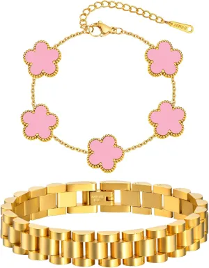 Stackable Gold Floral Bracelets Set , 2pcs 18K Gold Plated Bracelet Non-tarnish,Stainless Steel Link Chain Friendship Bracelet,Watch Band Trendy Jewelry,Christmas Valentines Birthday Gifts for Women