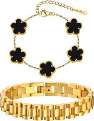 Stackable Gold Floral Bracelets Set , 2pcs 18K Gold Plated Bracelet Non-tarnish,Stainless Steel Link Chain Friendship Bracelet,Watch Band Trendy Jewelry,Christmas Valentines Birthday Gifts for Women