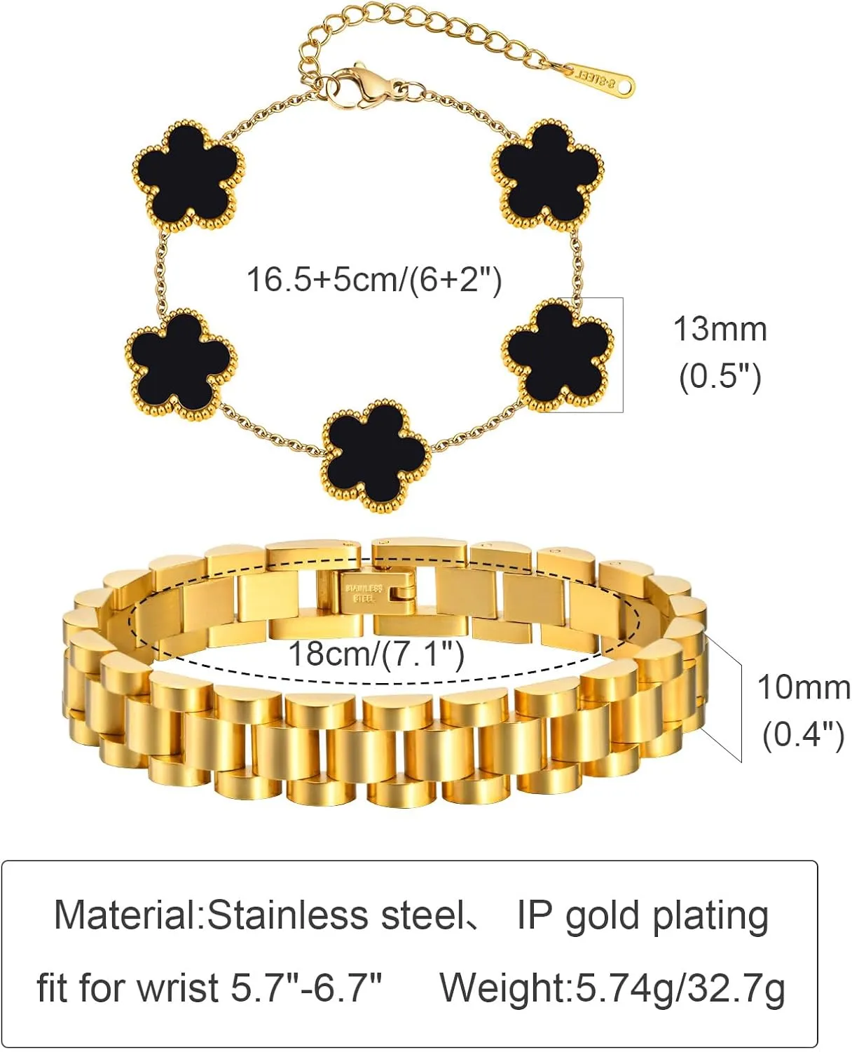 Stackable Gold Floral Bracelets Set , 2pcs 18K Gold Plated Bracelet Non-tarnish,Stainless Steel Link Chain Friendship Bracelet,Watch Band Trendy Jewelry,Christmas Valentines Birthday Gifts for Women