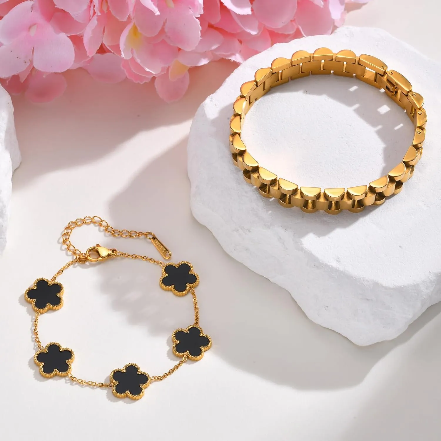 Stackable Gold Floral Bracelets Set , 2pcs 18K Gold Plated Bracelet Non-tarnish,Stainless Steel Link Chain Friendship Bracelet,Watch Band Trendy Jewelry,Christmas Valentines Birthday Gifts for Women