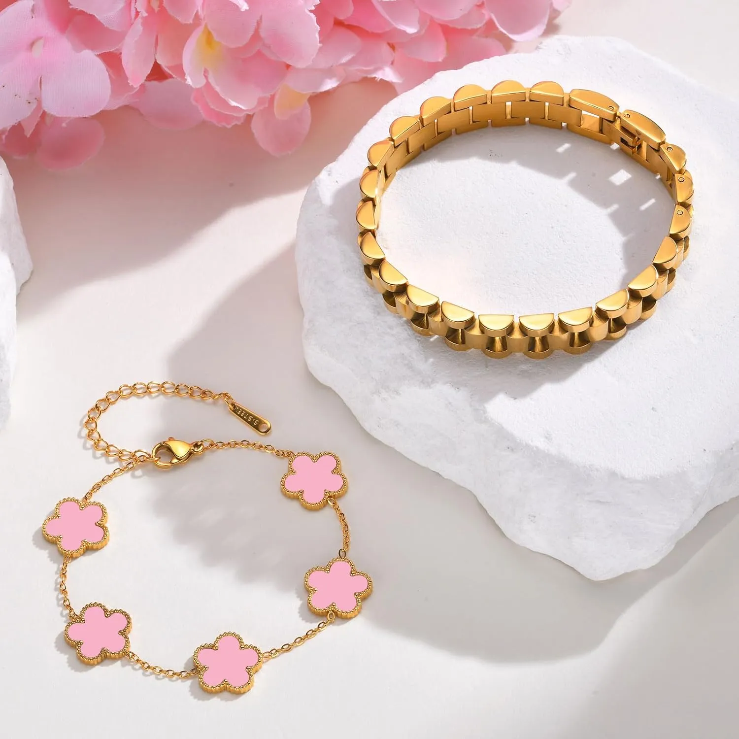 Stackable Gold Floral Bracelets Set , 2pcs 18K Gold Plated Bracelet Non-tarnish,Stainless Steel Link Chain Friendship Bracelet,Watch Band Trendy Jewelry,Christmas Valentines Birthday Gifts for Women