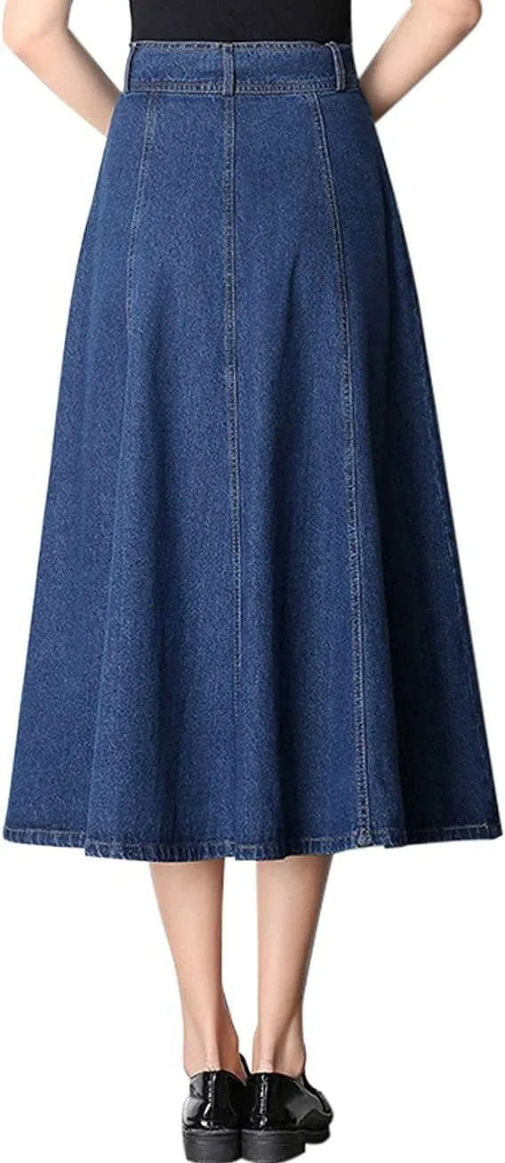 Tanming Women's High Waist Pleated Long Denim Skirt