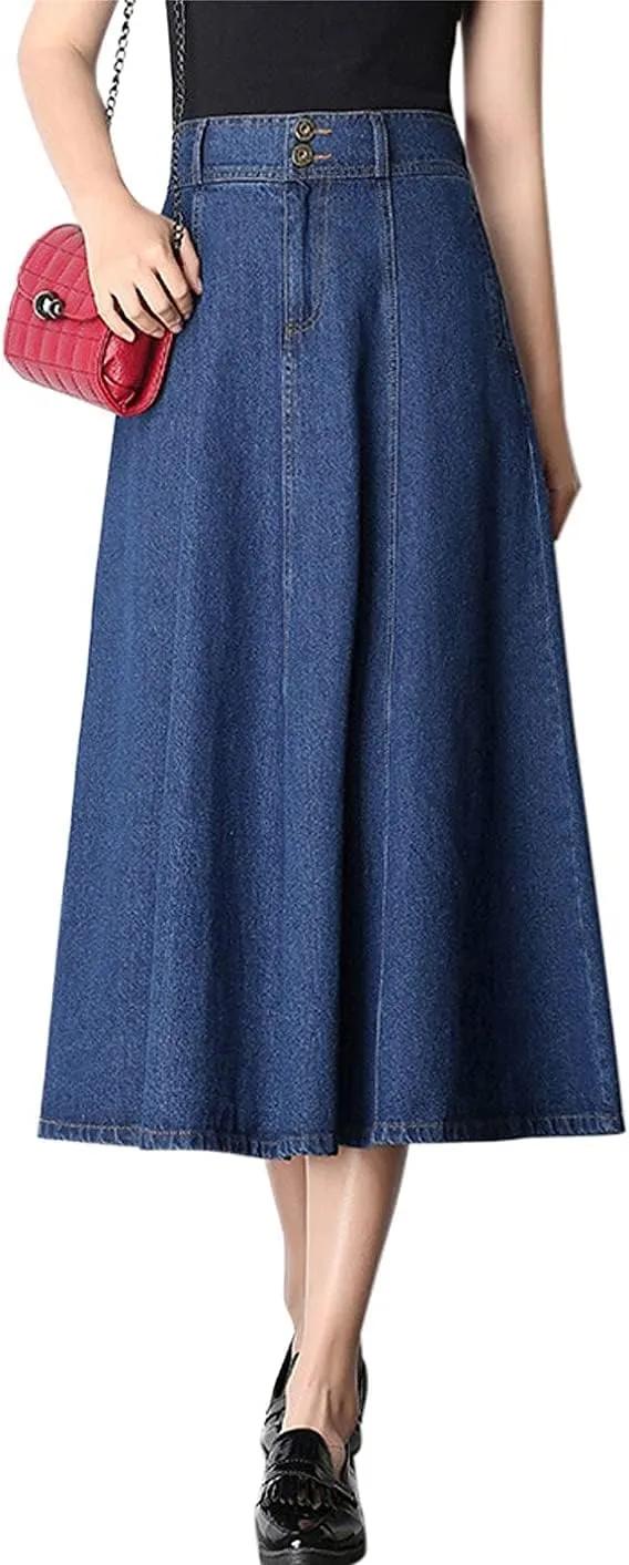 Tanming Women's High Waist Pleated Long Denim Skirt