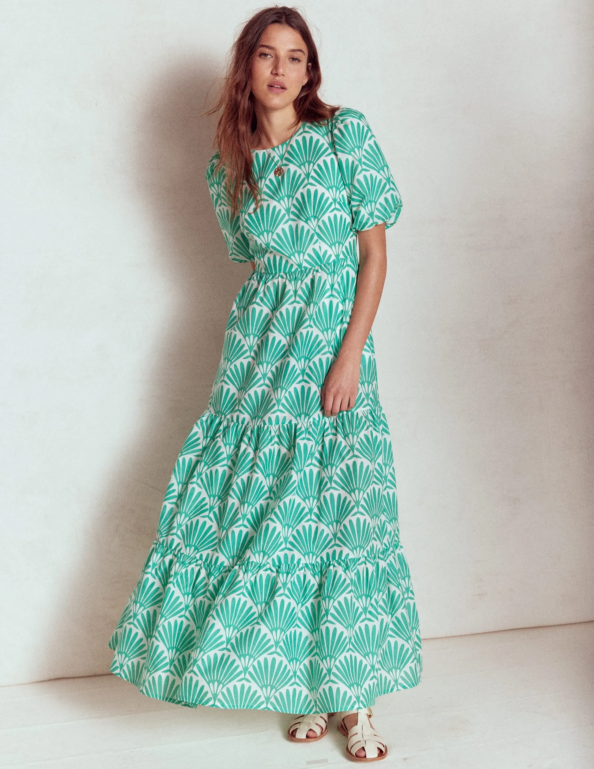 Tiered Poplin Maxi Dress-Aquamarine Blue, Deco Palm